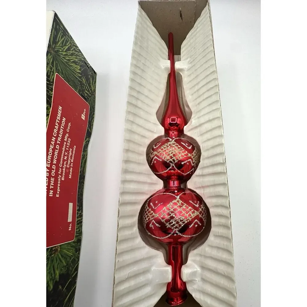 Vintage Commodore Glass Tree Topper Red 12.5” Spire Finial Gold Silver Romania